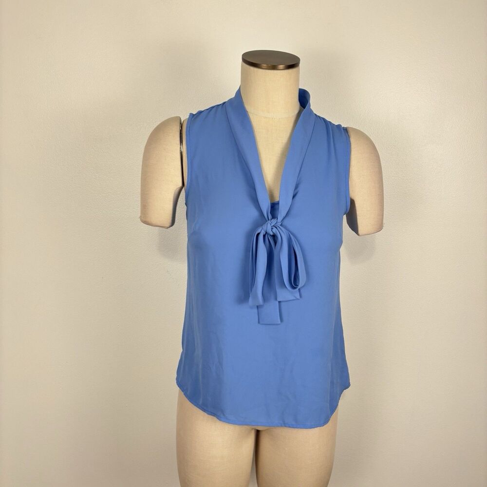 Talbots Petite Top Womens Petite P Blue Sleeveless Tie Neck Bow Blouse Workwear